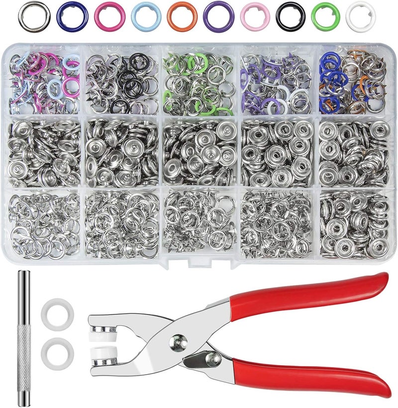 CHEPULA Craftsmanship DIY 200 Sets Metal Snaps Buttons with Fastener Pliers Press Tool Kit for Sewing and Crafting (10 Colors,9.5mm) (Hollow) - Image 1